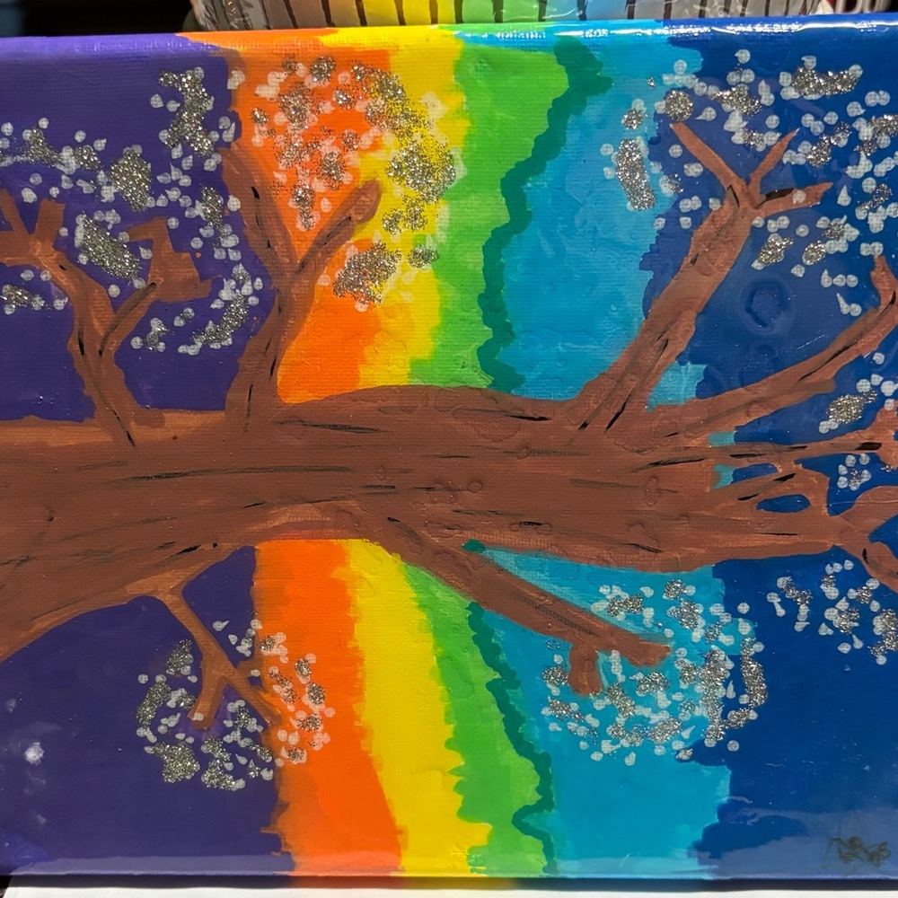 Purple and Blue Twilight Painting with Silhouetted Tree